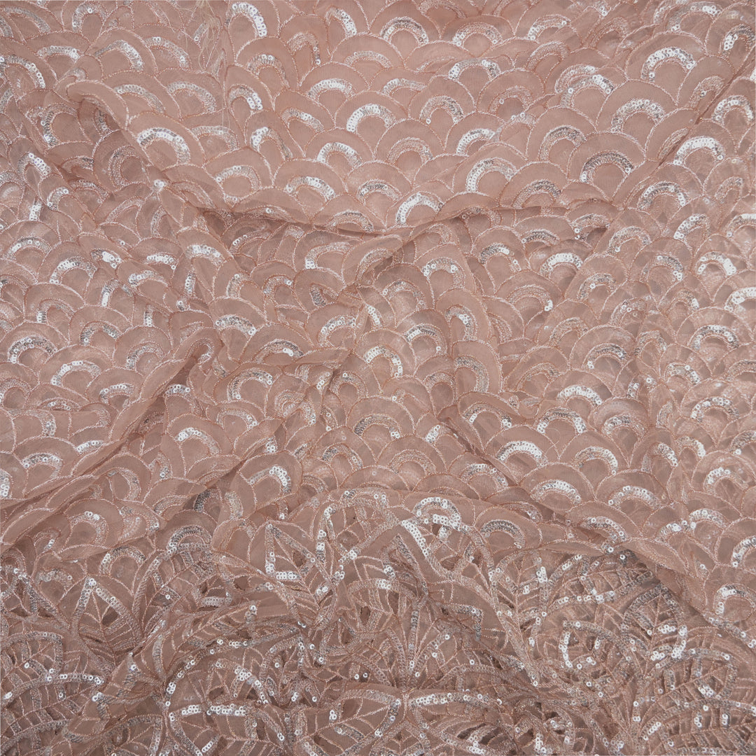 Peach Mermaid Net Fabric with Cutwork & Sequins Embroidery