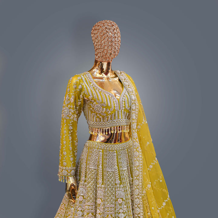 Lemon Yellow Lehenga Set with Silver Zari, Cutdana and Hand Embroidery
