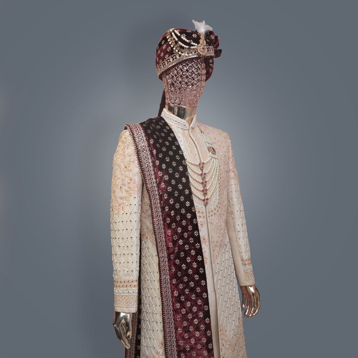 Rose Pink Sherwani Set with Golden Zari & Sequins Work | Premium Wedding & Designer Groom wear