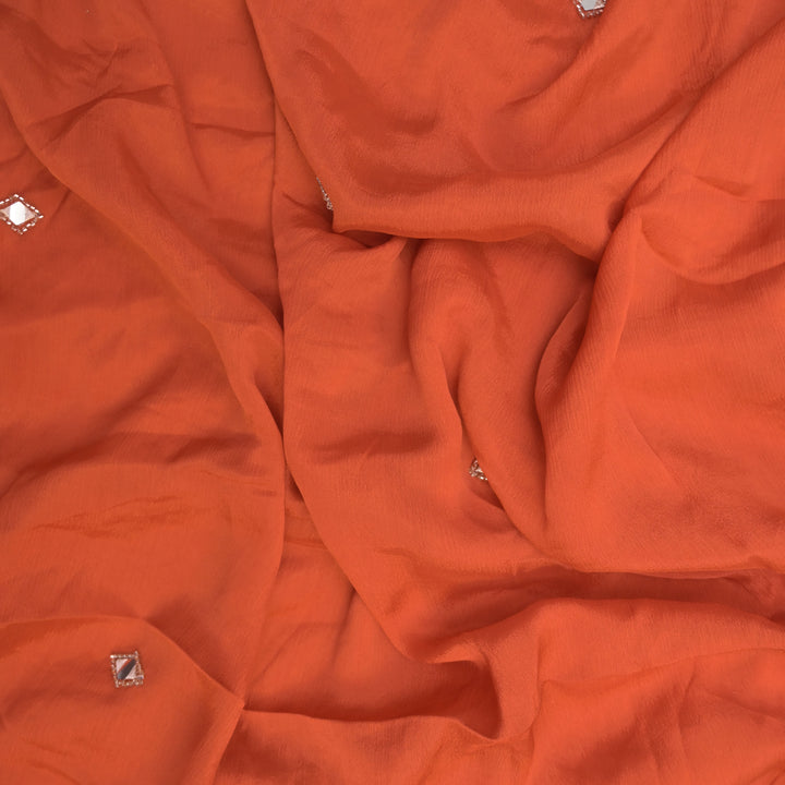 Orange Chinon-Chiffon Fabric with Mirrorwork Embroidery
