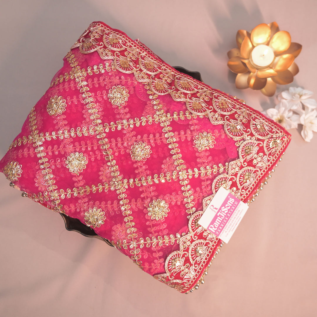 Magenta Bridal Net Dupatta with Zari Embroidery