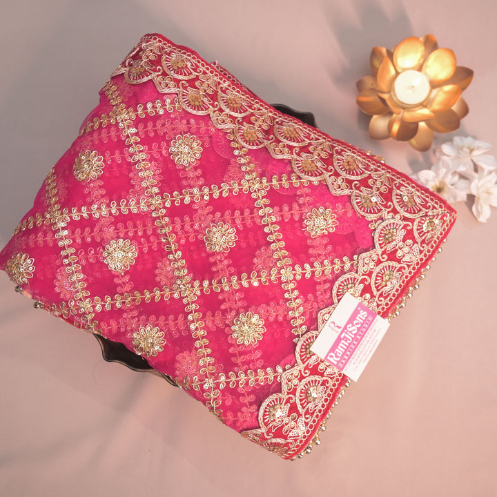 Magenta Bridal Net Dupatta with Zari Embroidery