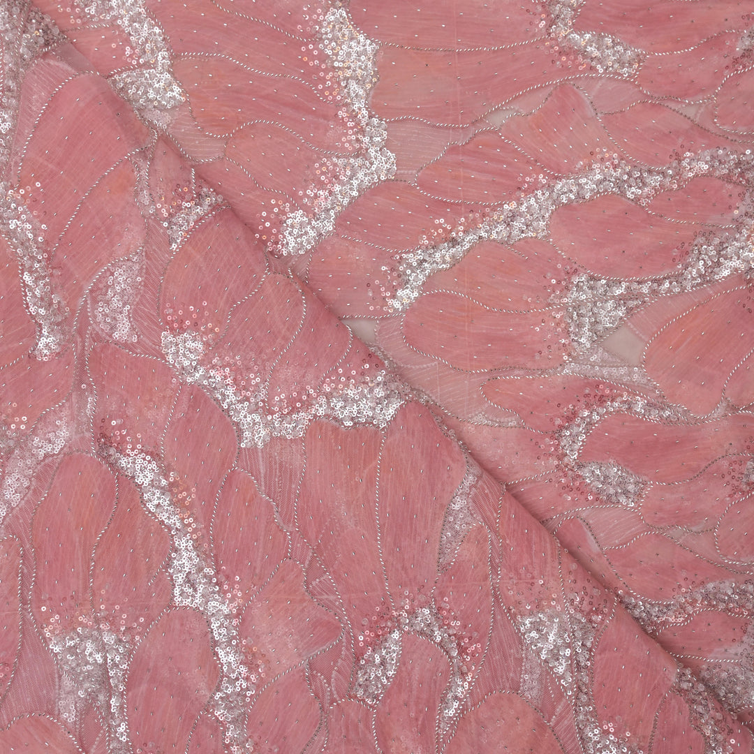 Pink fabric with silver leaf pattern