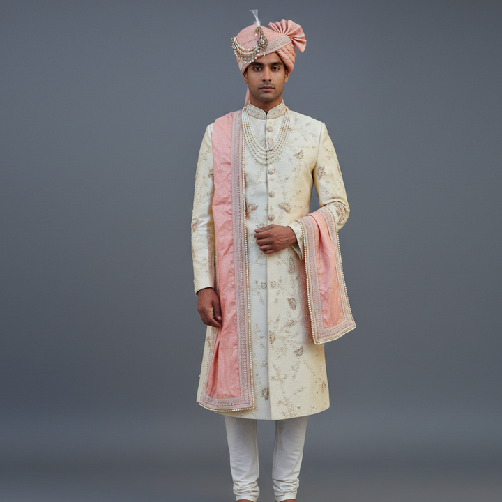 Man wearing a traditional embroidered sherwani with a pink vest on a gray background