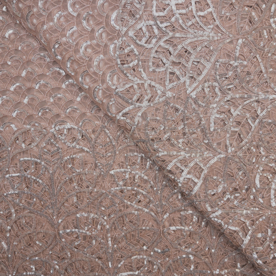 Peach Mermaid Net Fabric with Cutwork & Sequins Embroidery