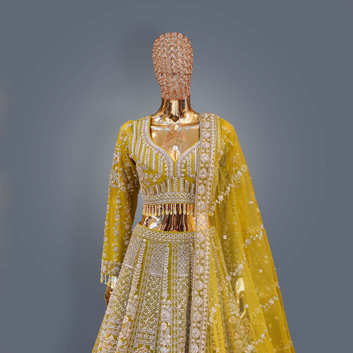 Lemon Yellow Lehenga Set with Silver Zari, Cutdana and Hand Embroidery