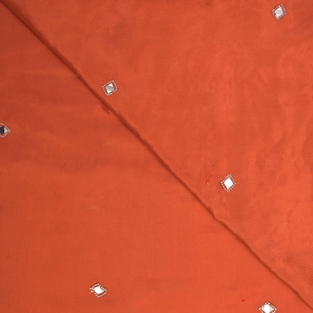Orange Chinon-Chiffon Fabric with Mirrorwork Embroidery