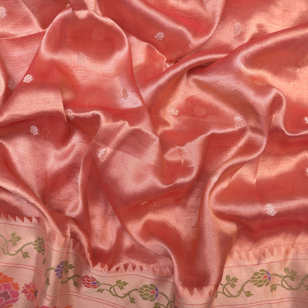 Red Brocade Tissue Fabric with Threadwork Embroidery