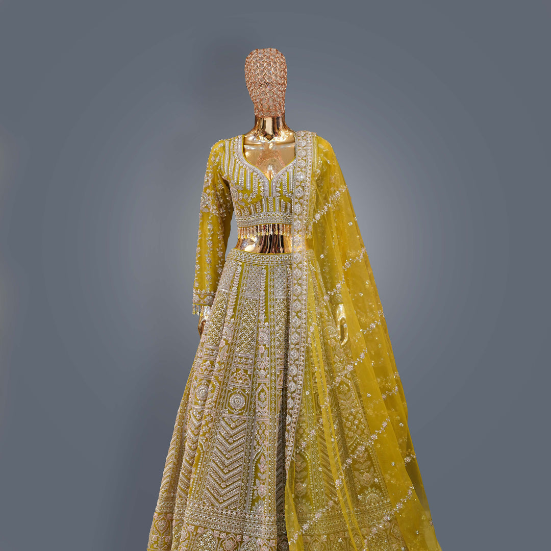 Lemon Yellow Lehenga Set with Silver Zari, Cutdana and Hand Embroidery