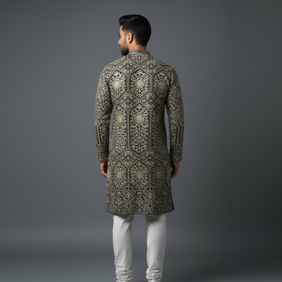 Golden All Over Embroidery Georgette Kurta Set