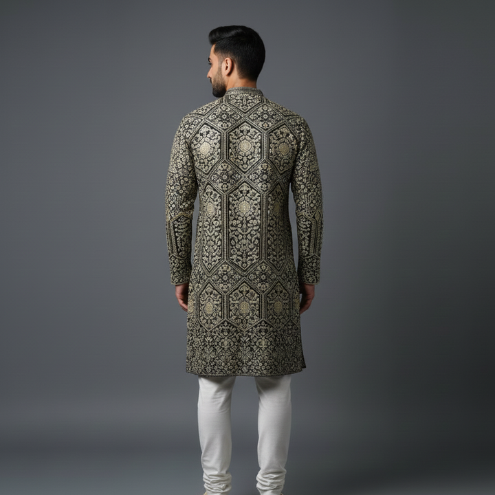 Golden All Over Embroidery Georgette Kurta Set