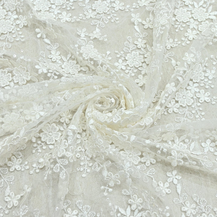 Beautiful 3D Thread Flower With Sequins Embroidered Lace Fabric on Imported Net