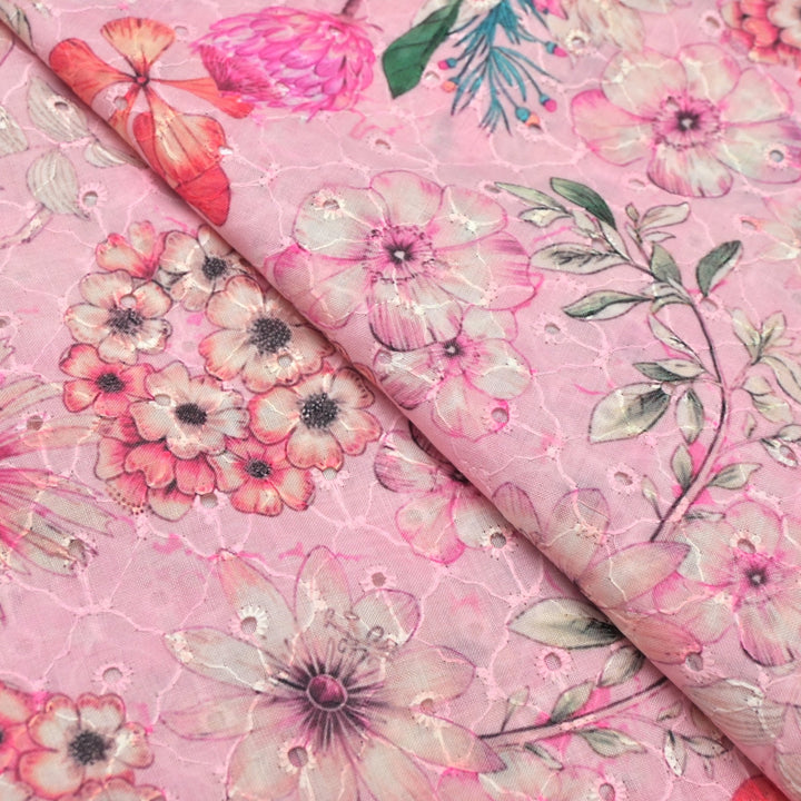 Floral Digital Print Cotton Chikan Embroidery Fabrics