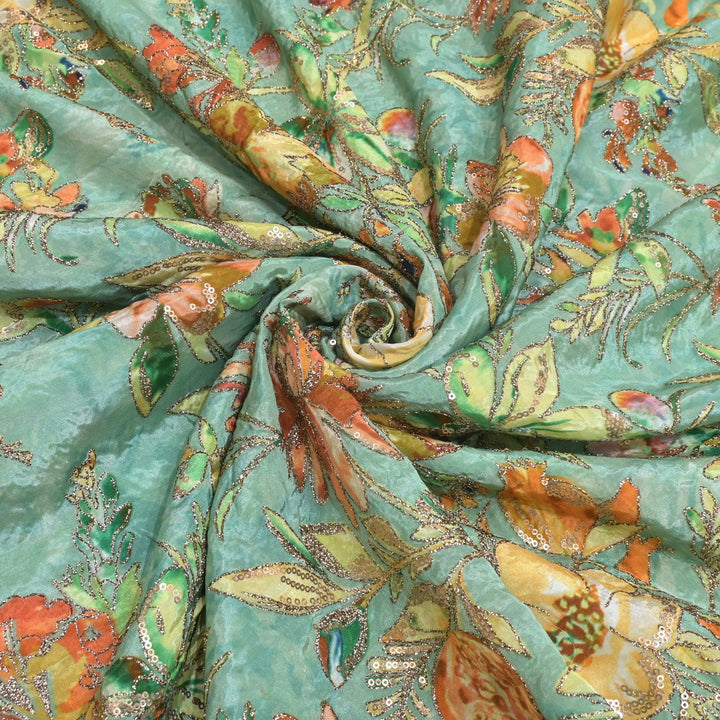 Beautiful Designer Crepe Position Prints, Zari & Sequin Embroidery Fabrics