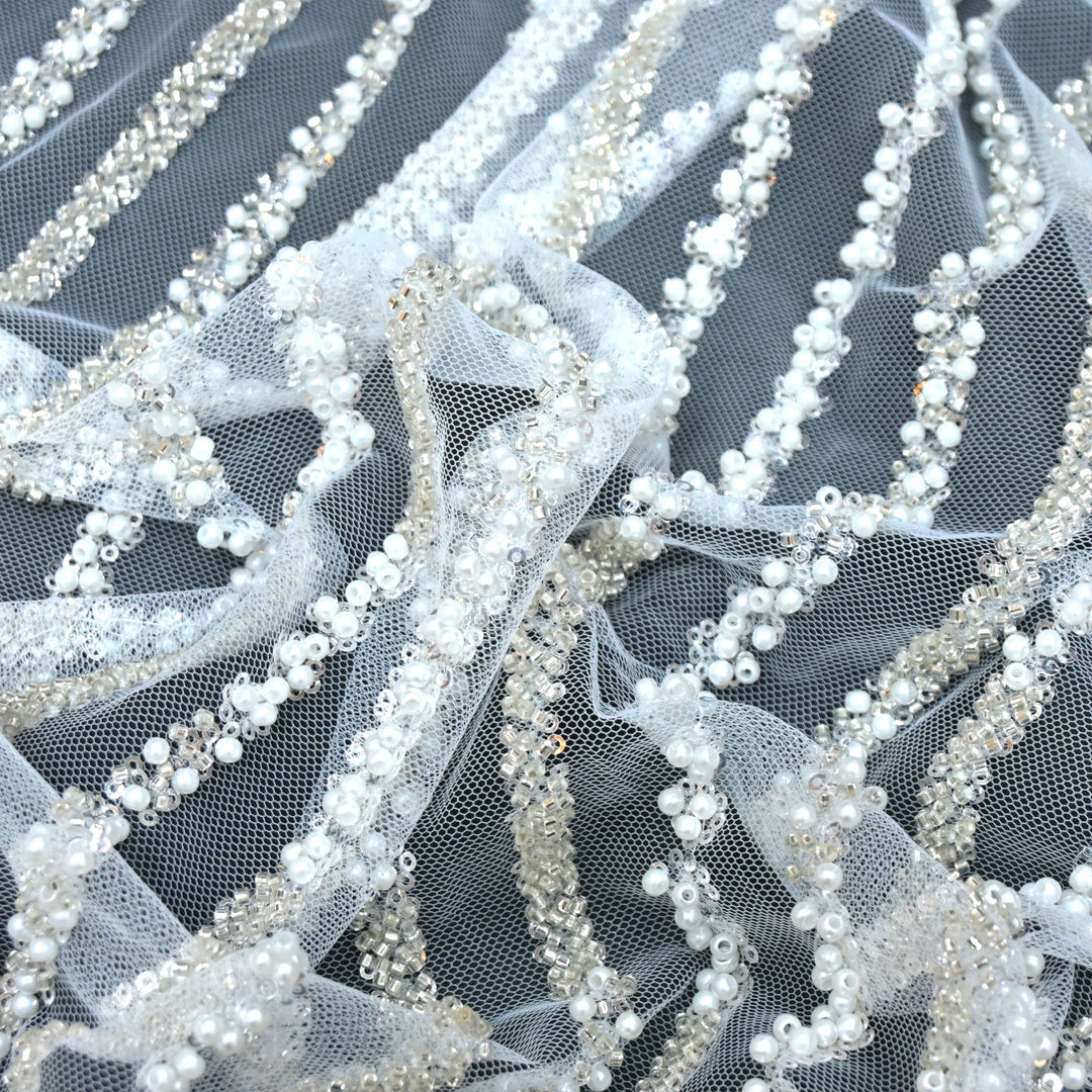 Imported Net Cutdana Pearls With Sequins Handwork Embroidery Fabrics