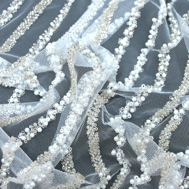Imported Net Cutdana Pearls With Sequins Handwork Embroidery Fabrics