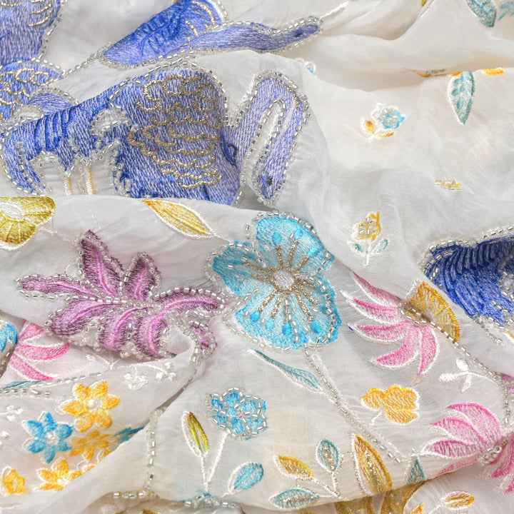 Multi thread and pearl sequin embroidery fabric on viscose organza