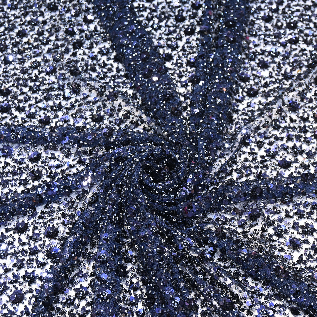 Navy Blue Color Imported Heavy Beaded & 3D Sequin Embroidery Net Fabric- ED1533-2