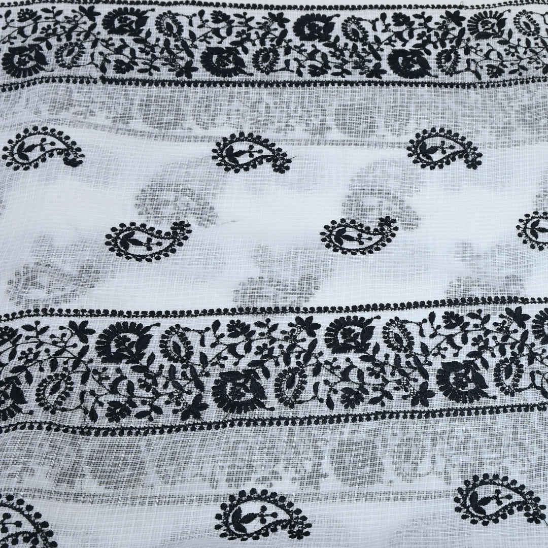 off-white with black Color Cotton Kota Thread Embroidery Fabric