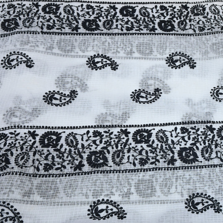 off-white with black Color Cotton Kota Thread Embroidery Fabric