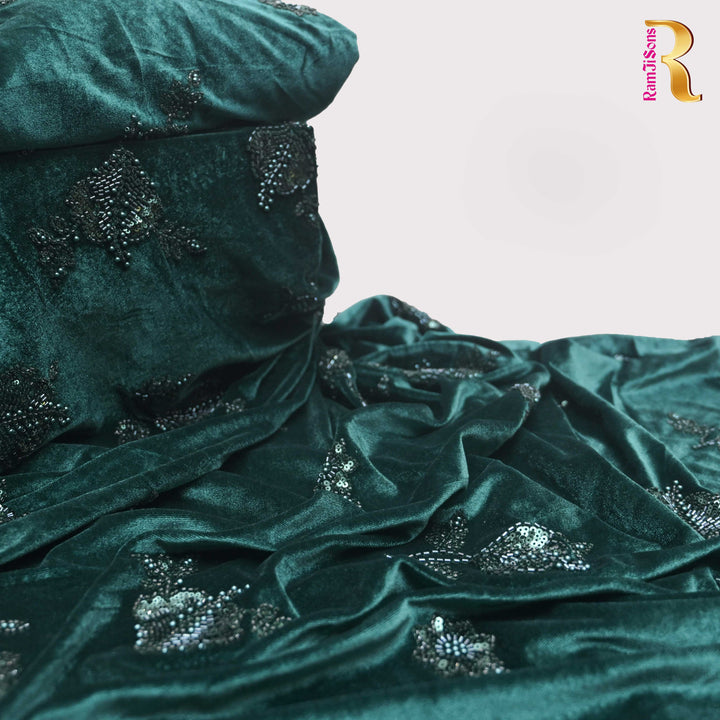 Velvet Dark Green Cutdana Embroidery Fabric..| 1038-885DG