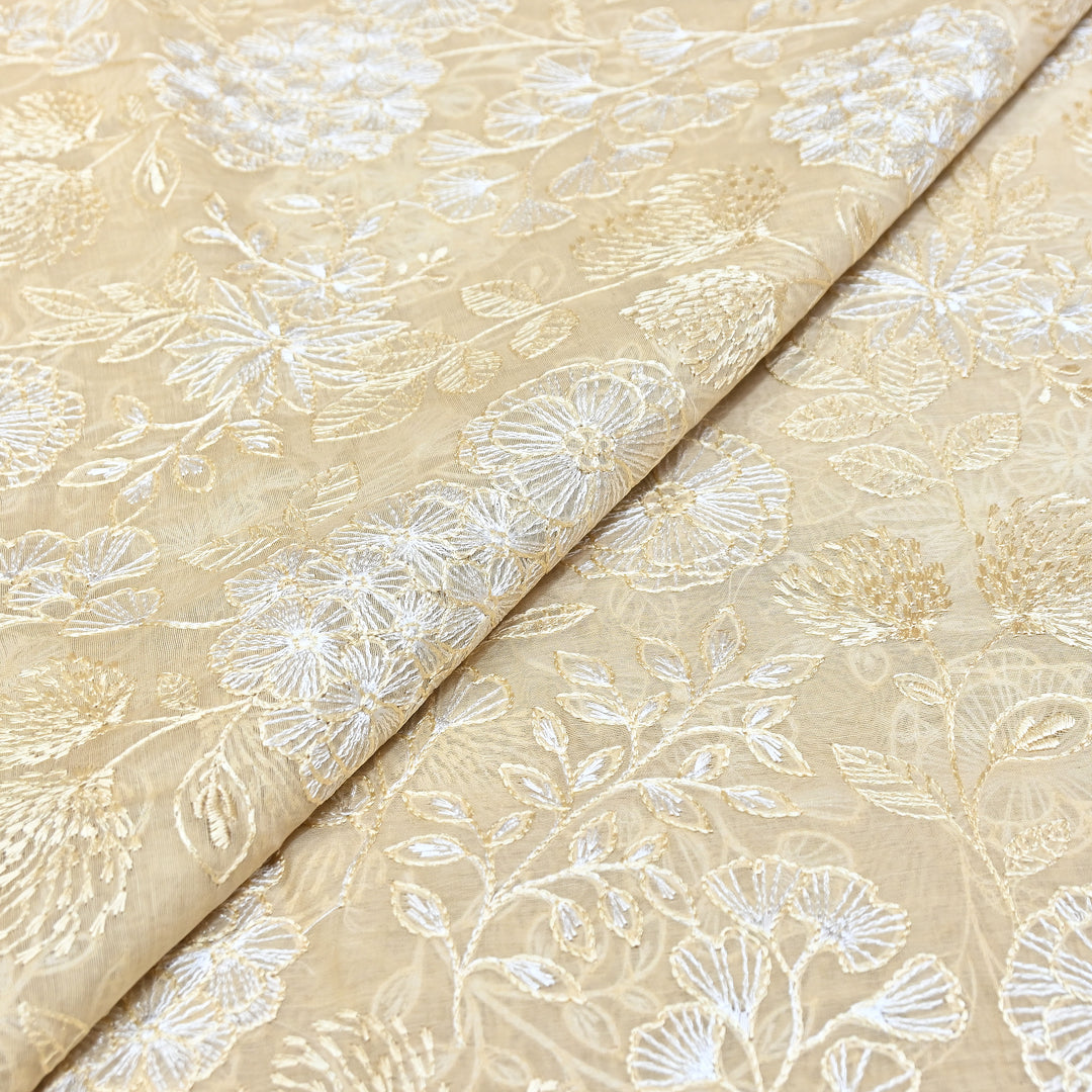 Beige Color Mul Chanderi Thread Embroidery Fabric – Soft Lightweight Designer Fabric- SW02421-1