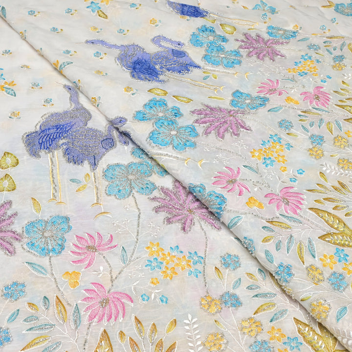 Multi thread and pearl sequin embroidery fabric on viscose organza