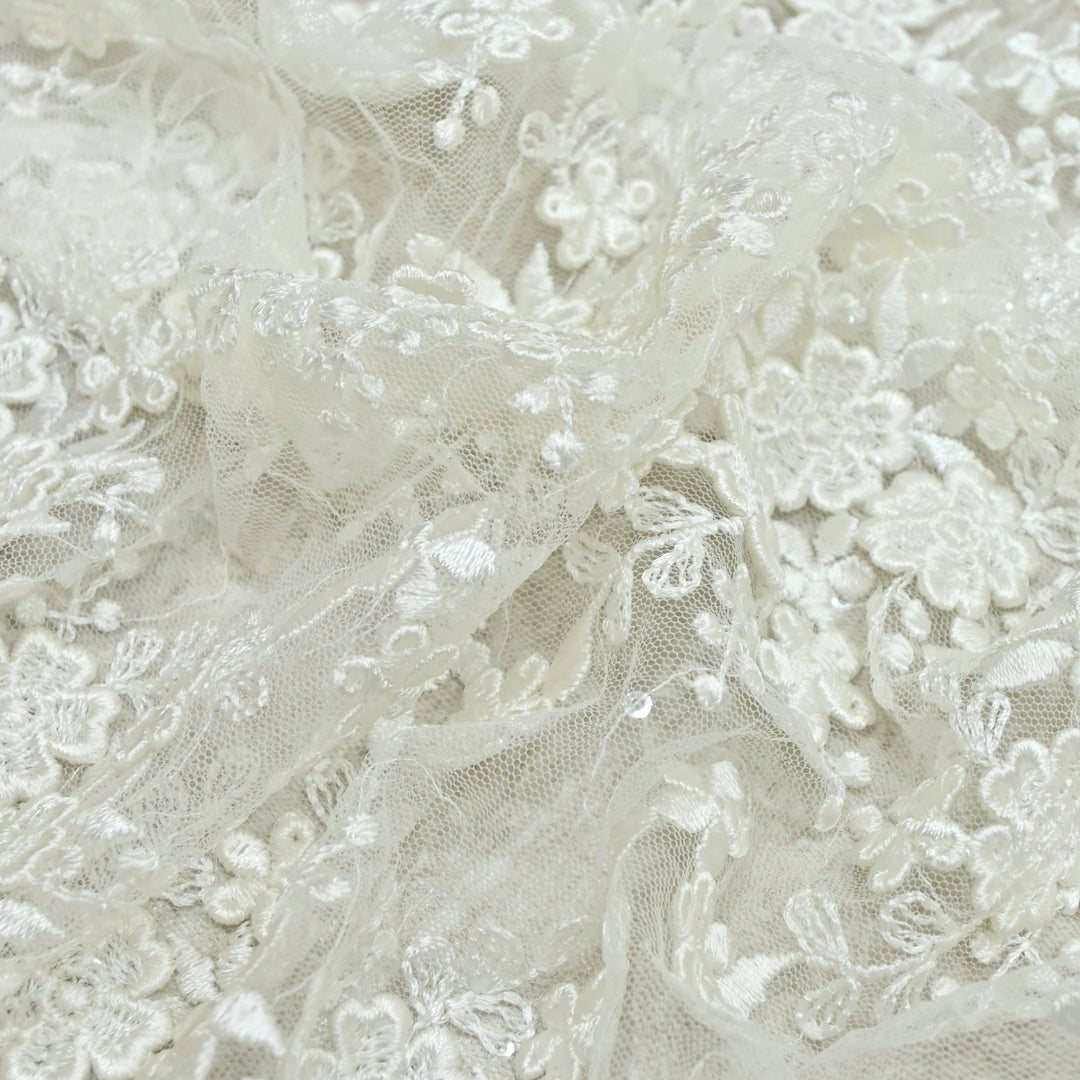 Beautiful 3D Thread Flower With Sequins Embroidered Lace Fabric on Imported Net