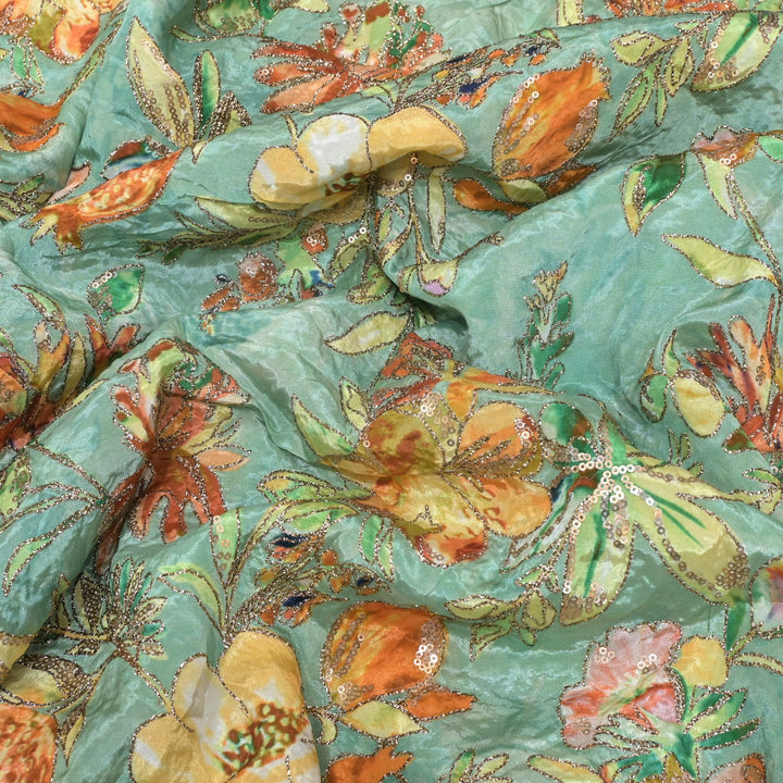Beautiful Designer Crepe Position Prints, Zari & Sequin Embroidery Fabrics
