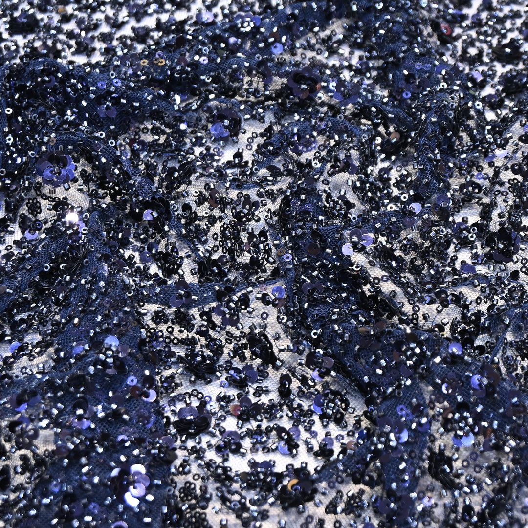 Navy Blue Color Imported Heavy Beaded & 3D Sequin Embroidery Net Fabric- ED1533-2