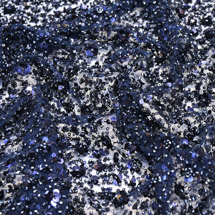 Navy Blue Color Imported Heavy Beaded & 3D Sequin Embroidery Net Fabric- ED1533-2