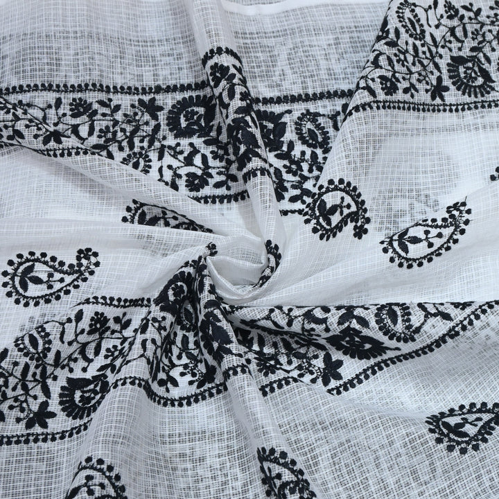 off-white with black Color Cotton Kota Thread Embroidery Fabric