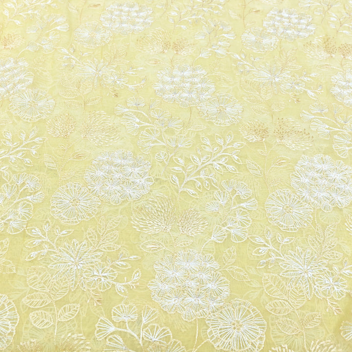 Lemon Yellow Color Mul Chanderi Thread Embroidery Fabric – Soft Lightweight Designer Fabric- SW02421-2