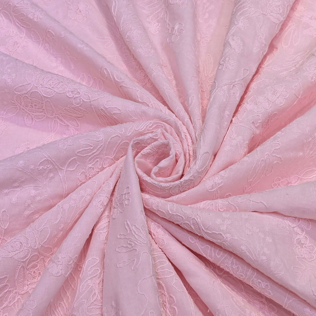 Light Pink Color Cotton Floral Thread Embroidery Fabric – Soft Designer Embroidered Cotton Fabric 0AT112-5