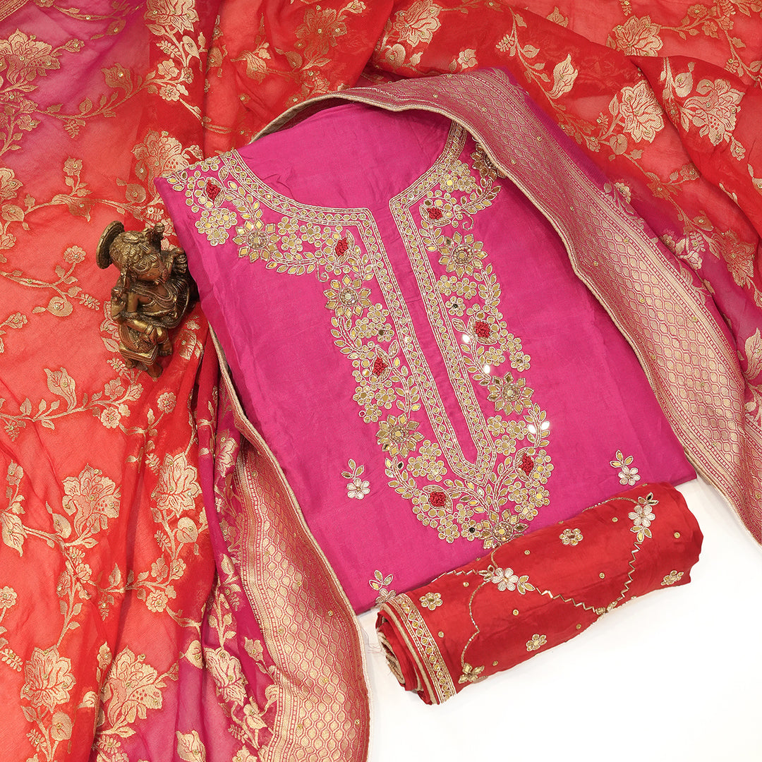 Deep Cerise Color Upada Silk Dabka & Kundan Hand Work Suits Set