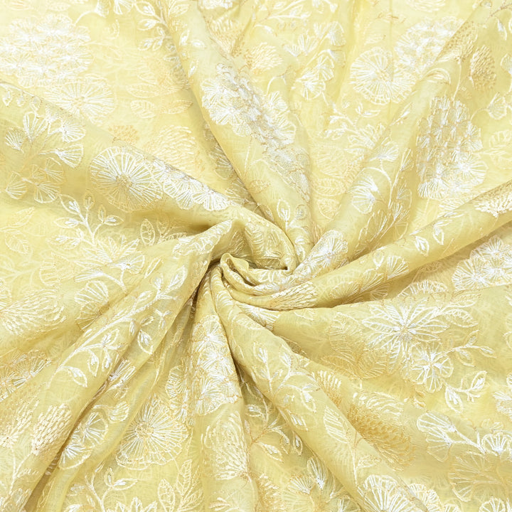 Lemon Yellow Color Mul Chanderi Thread Embroidery Fabric – Soft Lightweight Designer Fabric- SW02421-2