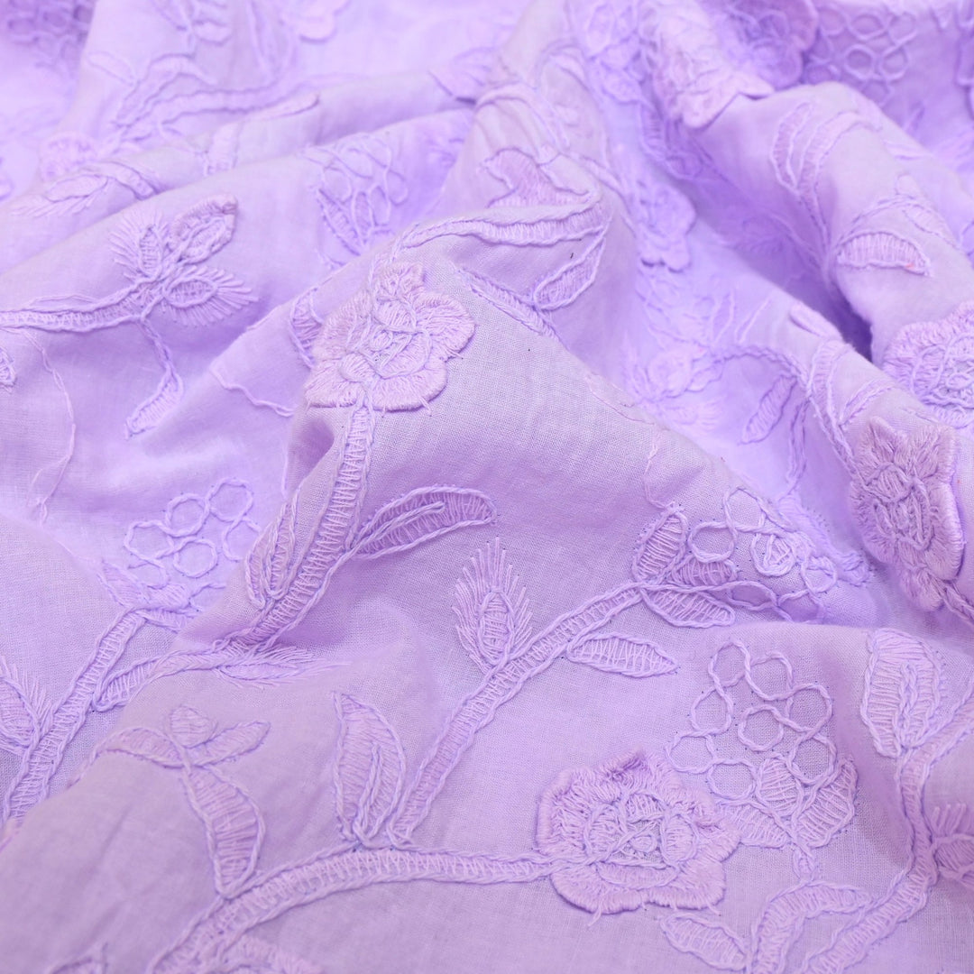Lavender Pure Cotton Floral Thread Embroidery Fabric