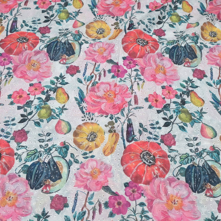 Floral Digital Print Cotton Chikan Embroidery Fabrics