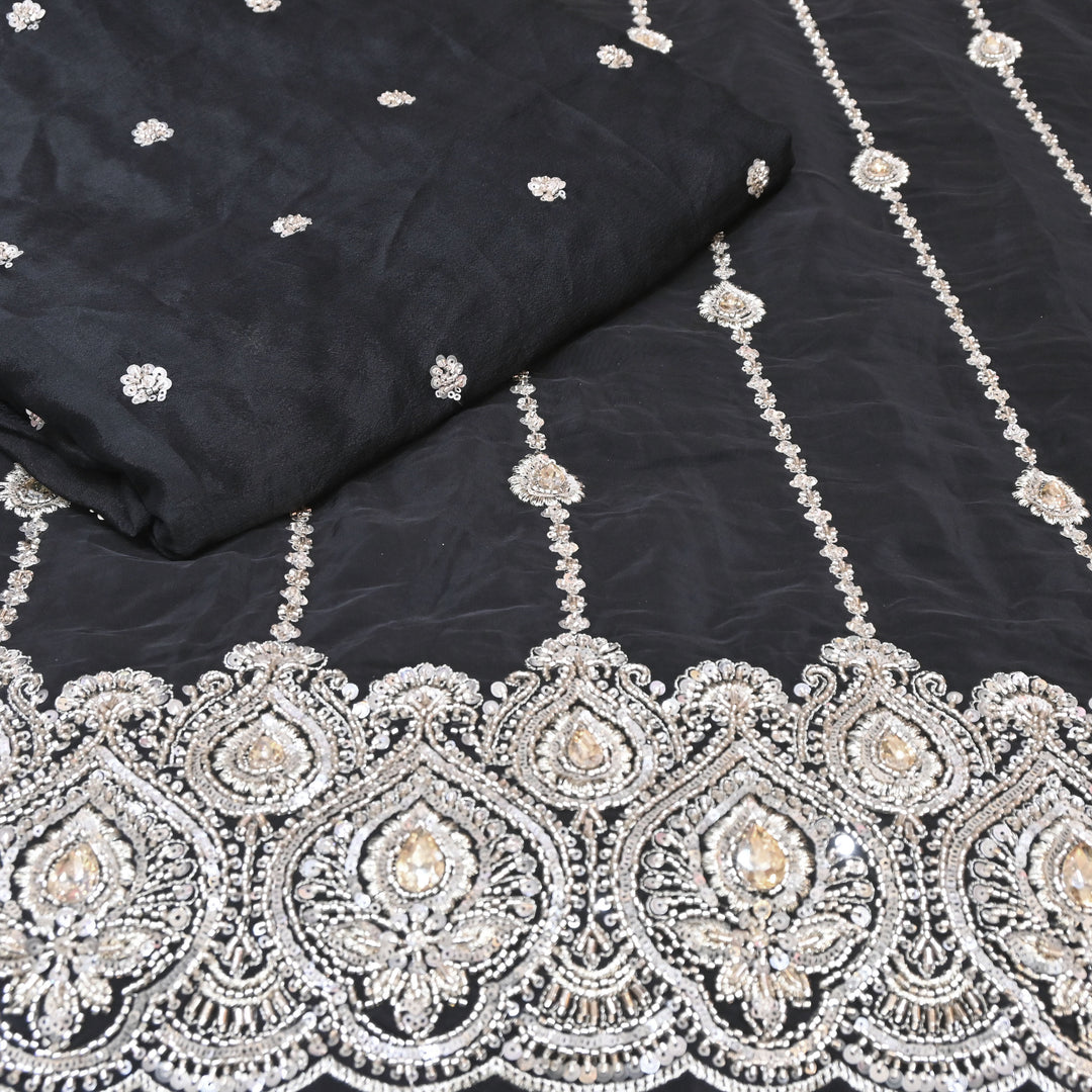 Black Chinon Fabric with Zari & Sequins Embroidery