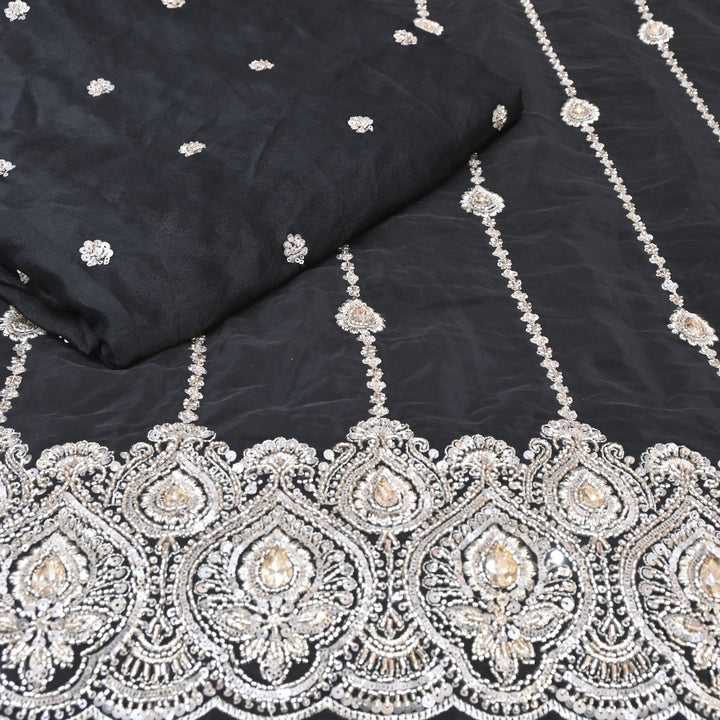 Black Chinon Fabric with Zari & Sequins Embroidery