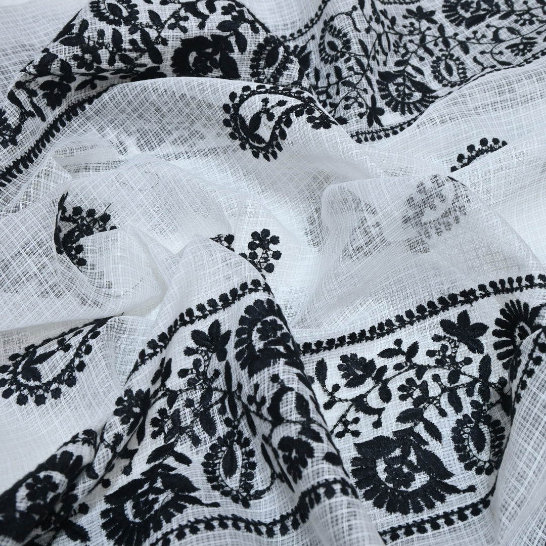 off-white with black Color Cotton Kota Thread Embroidery Fabric