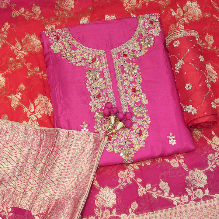 Deep Cerise Color Upada Silk Dabka & Kundan Hand Work Suits Set