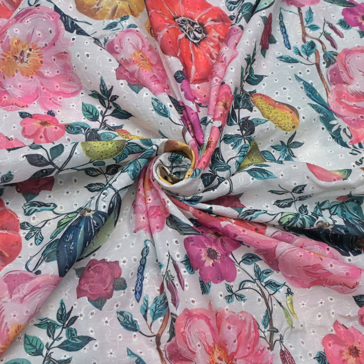 Floral Digital Print Cotton Chikan Embroidery Fabrics