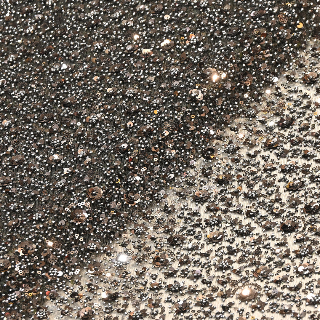 Gunmetal Grey Color Imported Heavy Beaded & 3D Sequin Embroidery Net Fabric- ED1533-2