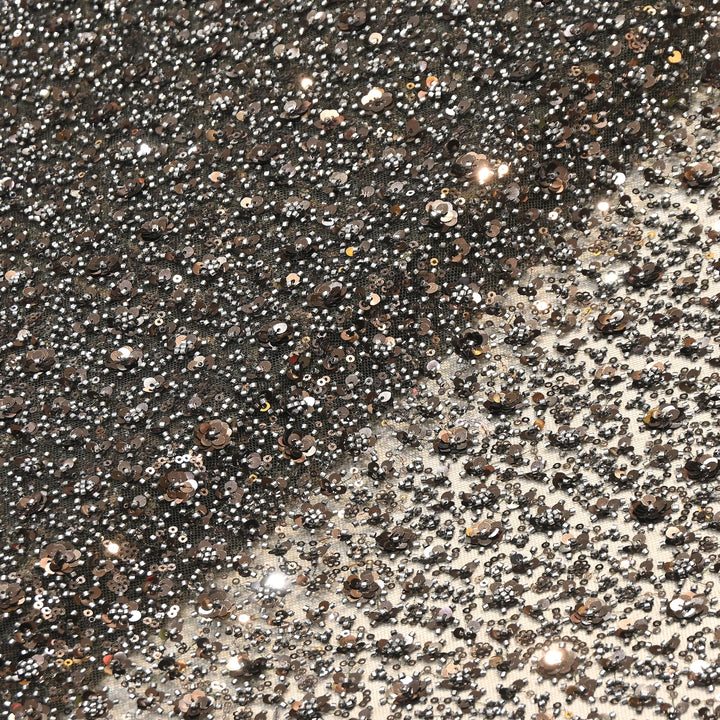Gunmetal Grey Color Imported Heavy Beaded & 3D Sequin Embroidery Net Fabric- ED1533-2