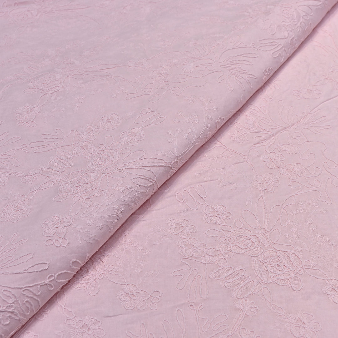 Light Pink Color Cotton Floral Thread Embroidery Fabric – Soft Designer Embroidered Cotton Fabric 0AT112-5