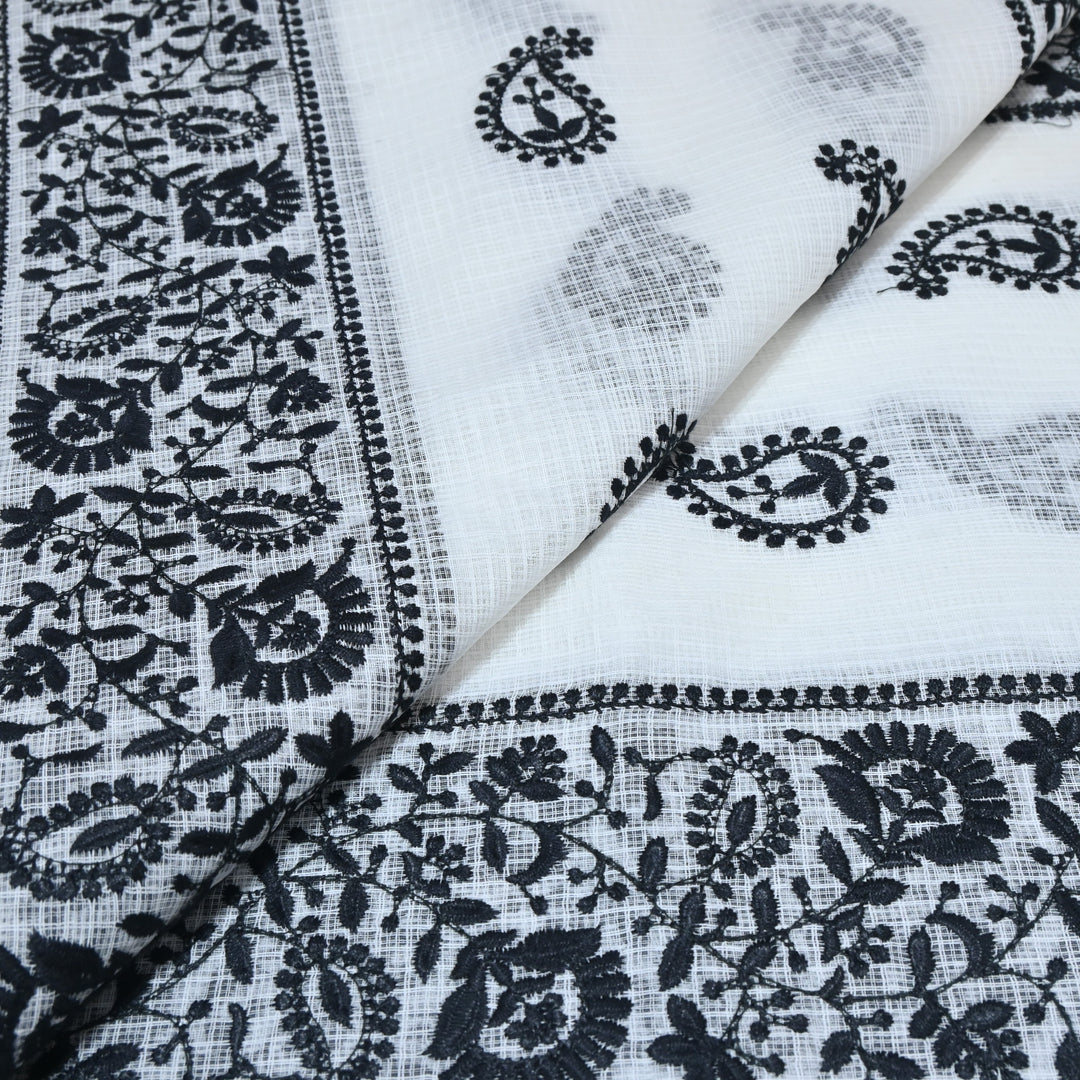 off-white with black Color Cotton Kota Thread Embroidery Fabric