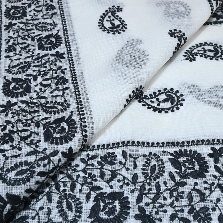 off-white with black Color Cotton Kota Thread Embroidery Fabric