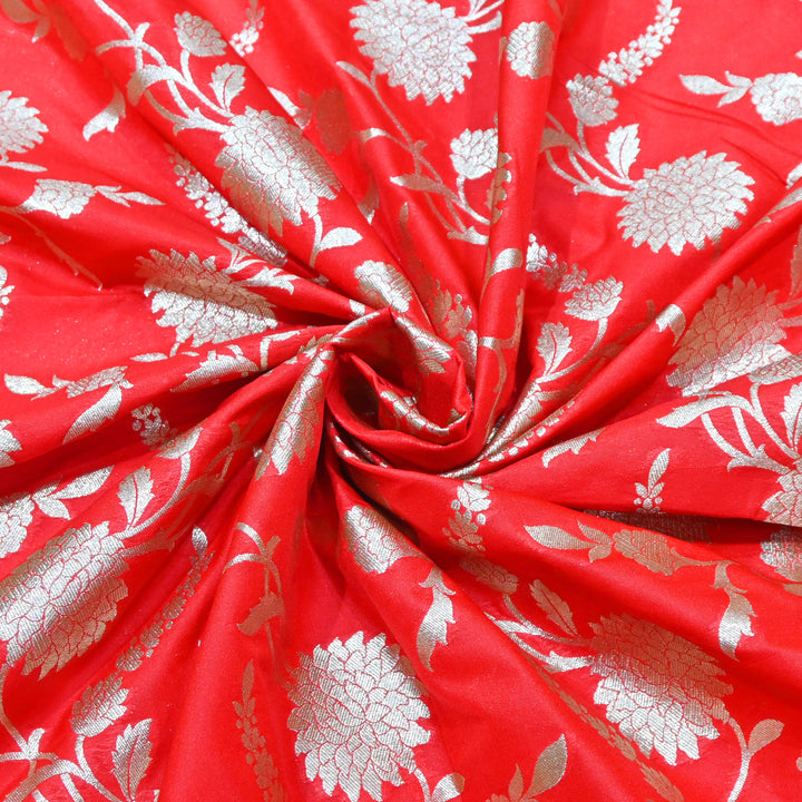 Vibrant red base with shimmering gold floral brocade.