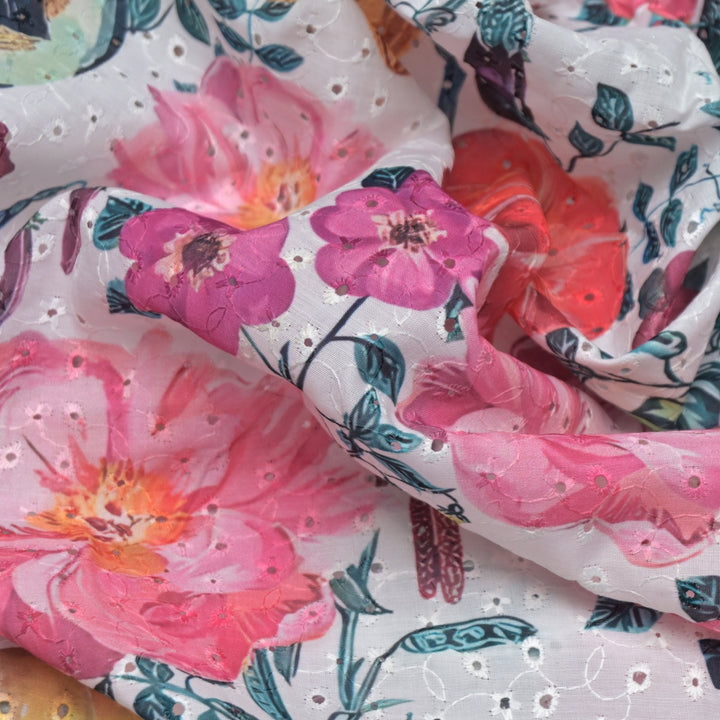 Floral Digital Print Cotton Chikan Embroidery Fabrics